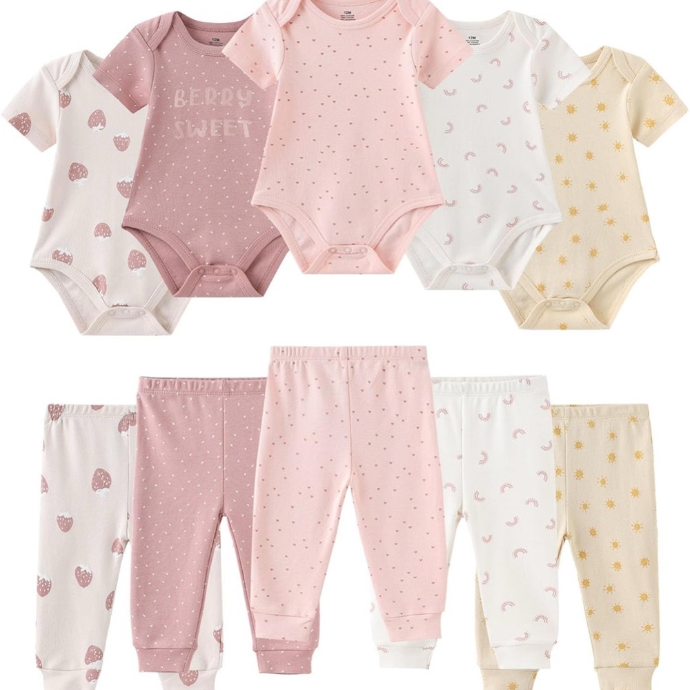 5 Baby Onesie and Pants Set in Pink, White, and Yellow